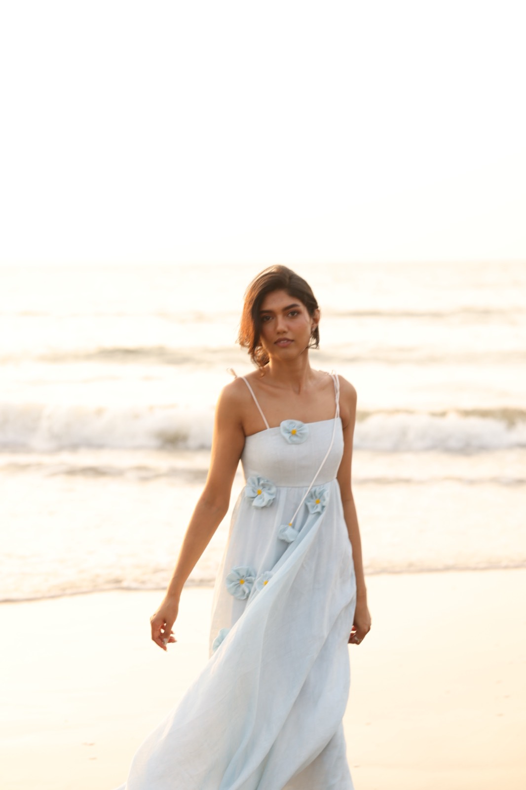 Powder Blue Bloom — full length at the shoreline