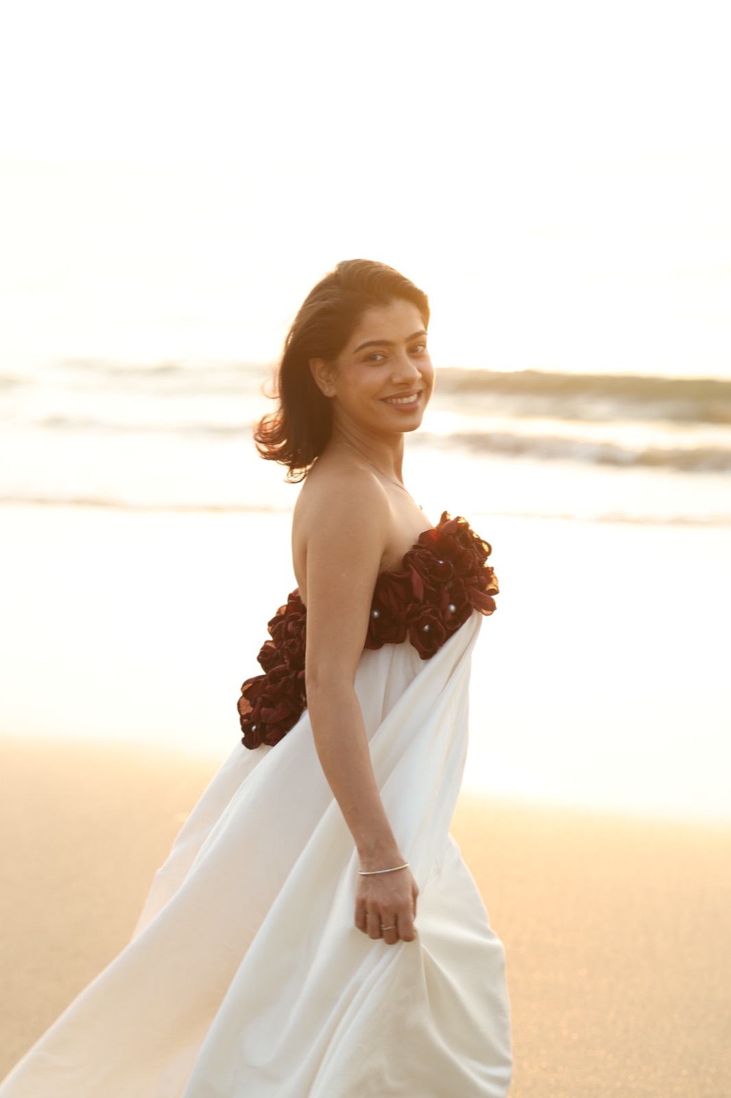 Rustic Roses Midi Dress — full length, walking at the shoreline