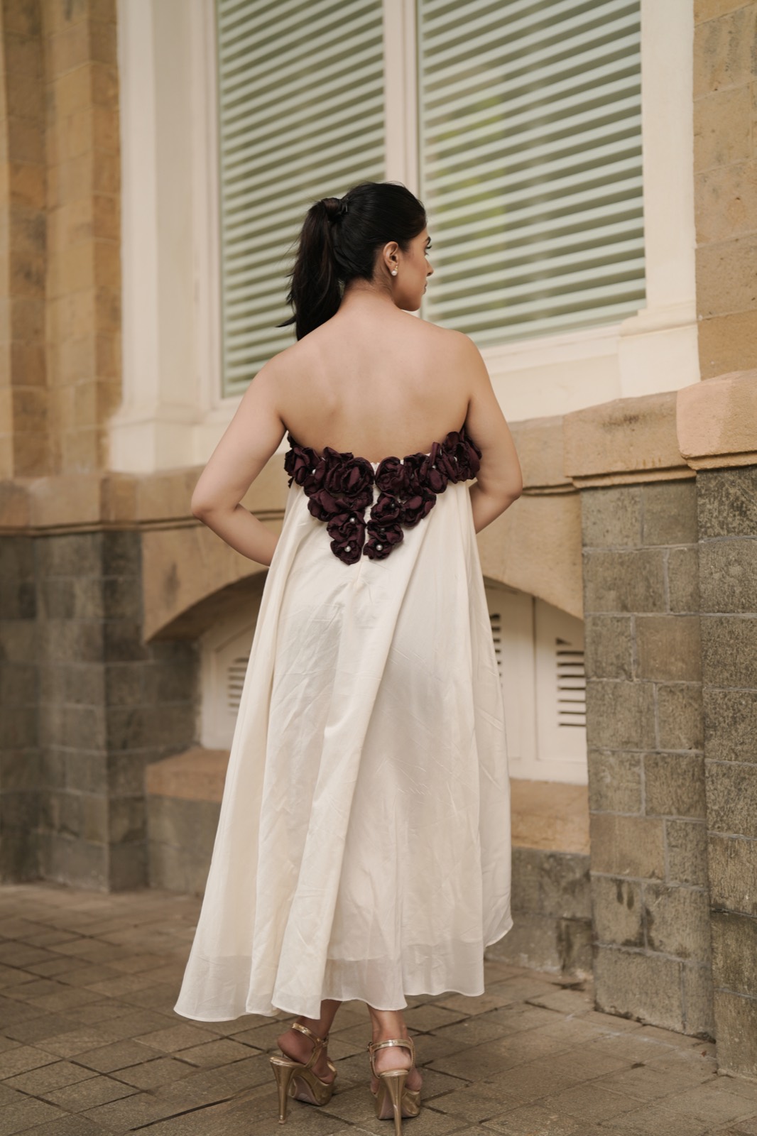 Rustic Roses Midi Dress — from behind, the roses carrying round the back