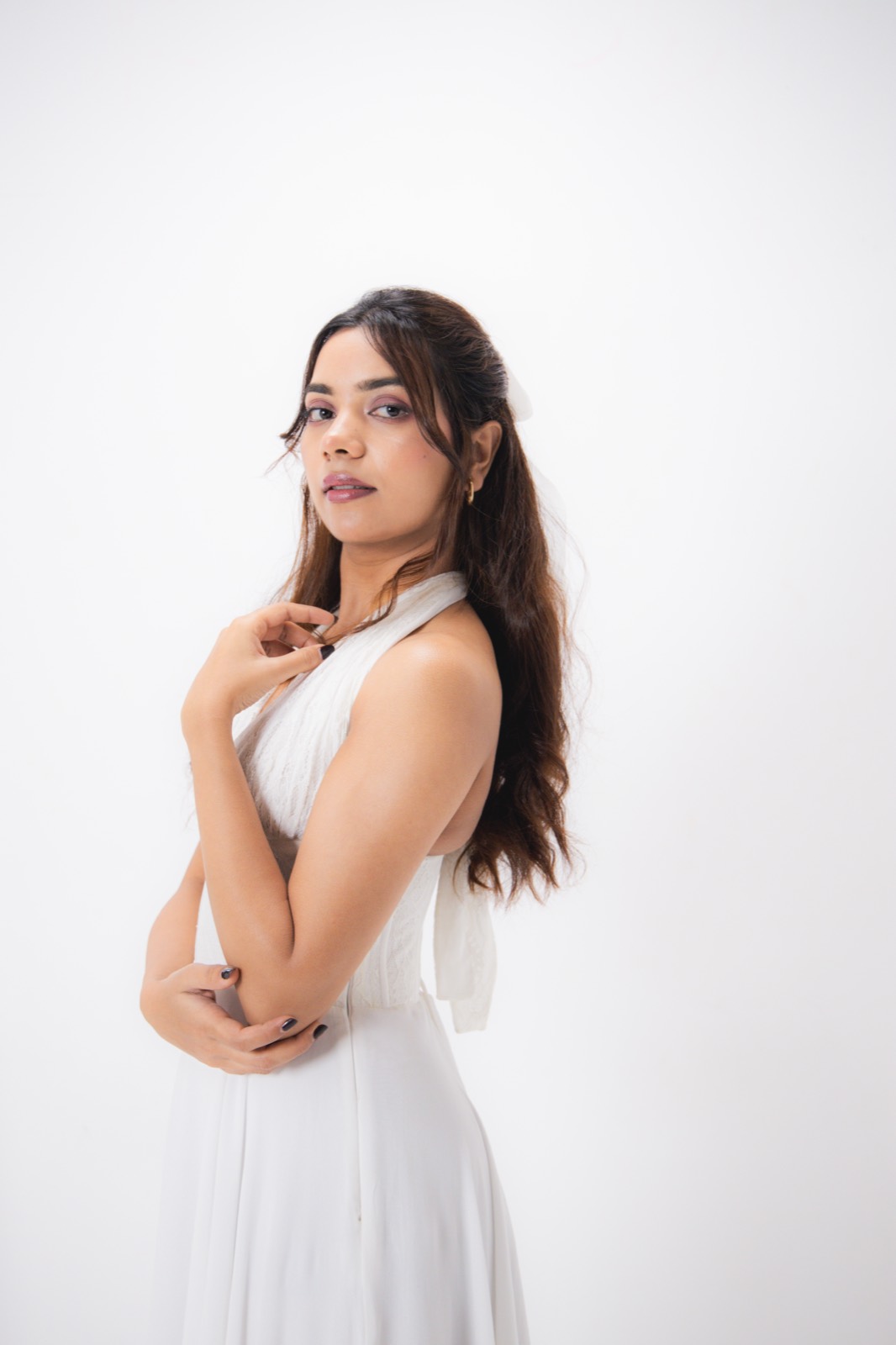 White Halter Midi — closer on the halter neckline and the fitted bodice