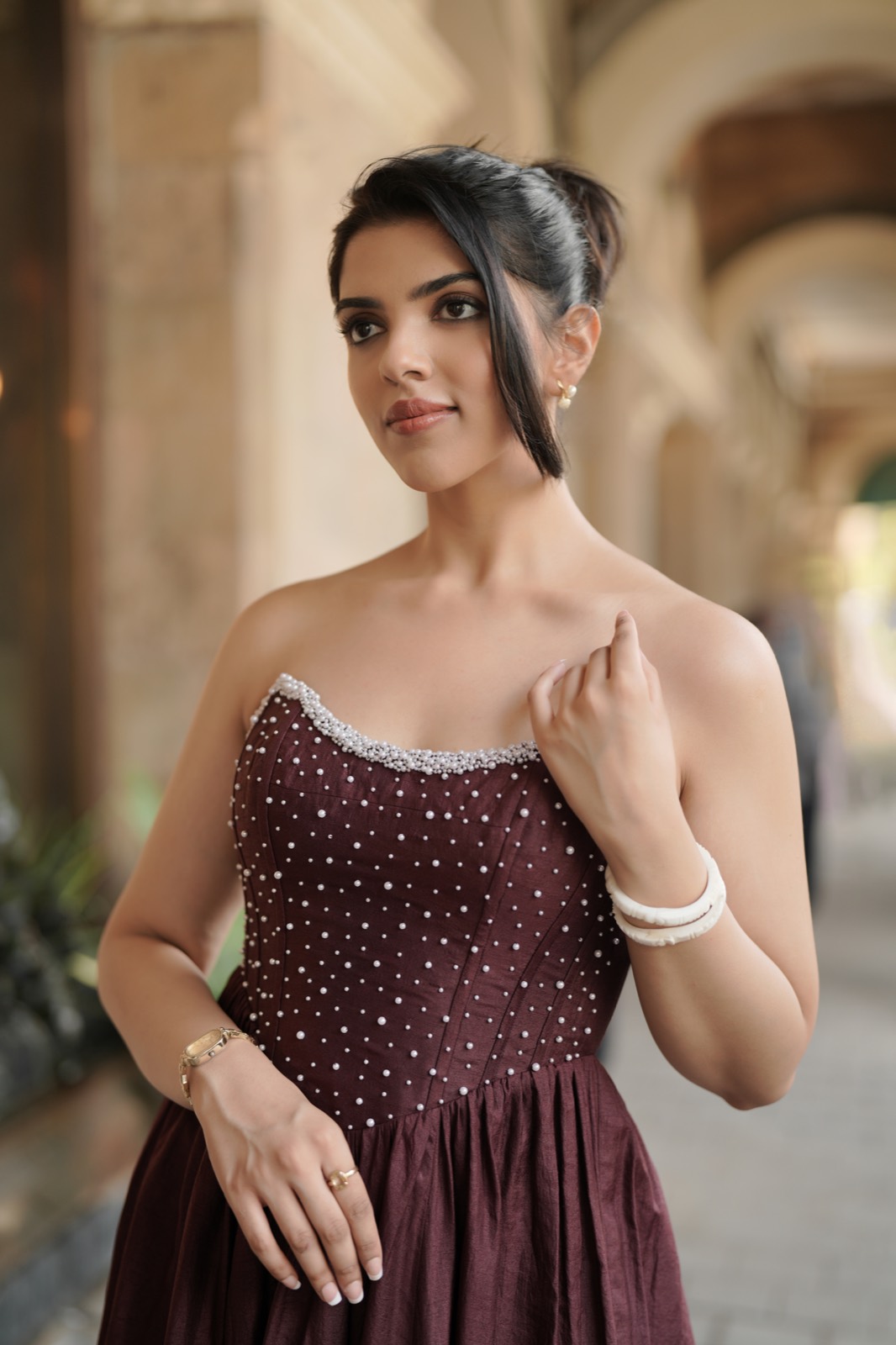 Pearl Galaxy — the corset, pearls crowded into a band along the top edge and scattering below