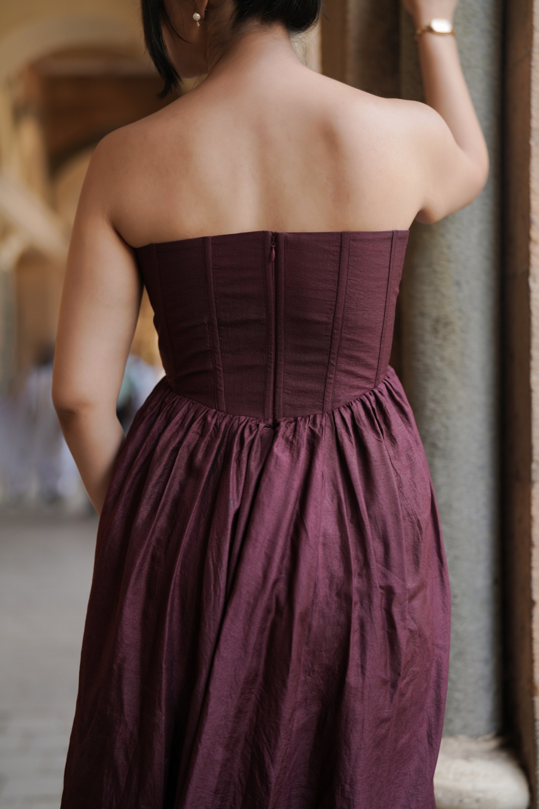 Pearl Galaxy — the plain back of the corset and the gathered waist seam